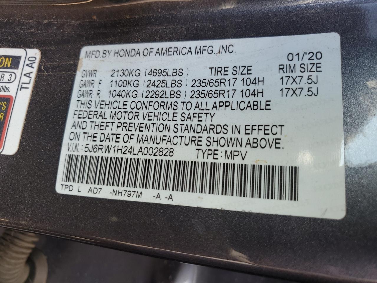 2020 Honda Cr-V Lx VIN: 5J6RW1H24LA002828 Lot: 80082935