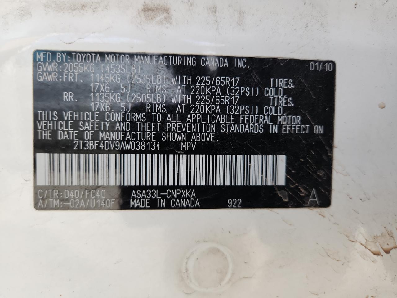 2010 Toyota Rav4 VIN: 2T3BF4DV9AW038134 Lot: 81073585