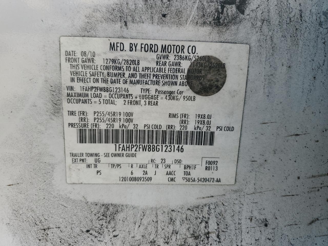 2011 Ford Taurus Limited VIN: 1FAHP2FW8BG123146 Lot: 80709905