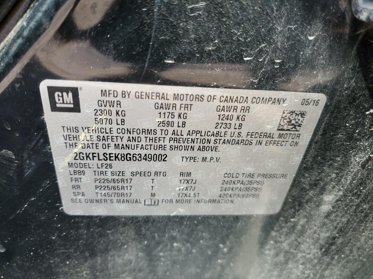2016 GMC Terrain Sle VIN: 2GKFLSEK8G6349002 Lot: 80489485