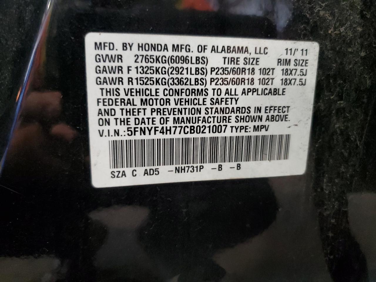 2012 Honda Pilot Exln VIN: 5FNYF4H77CB021007 Lot: 72059125