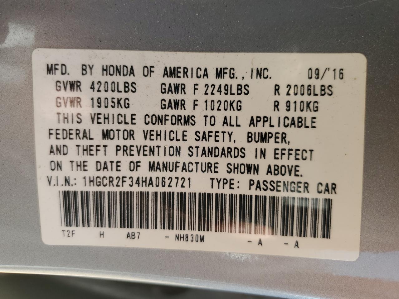 2017 Honda Accord Lx VIN: 1HGCR2F34HA062721 Lot: 81124505