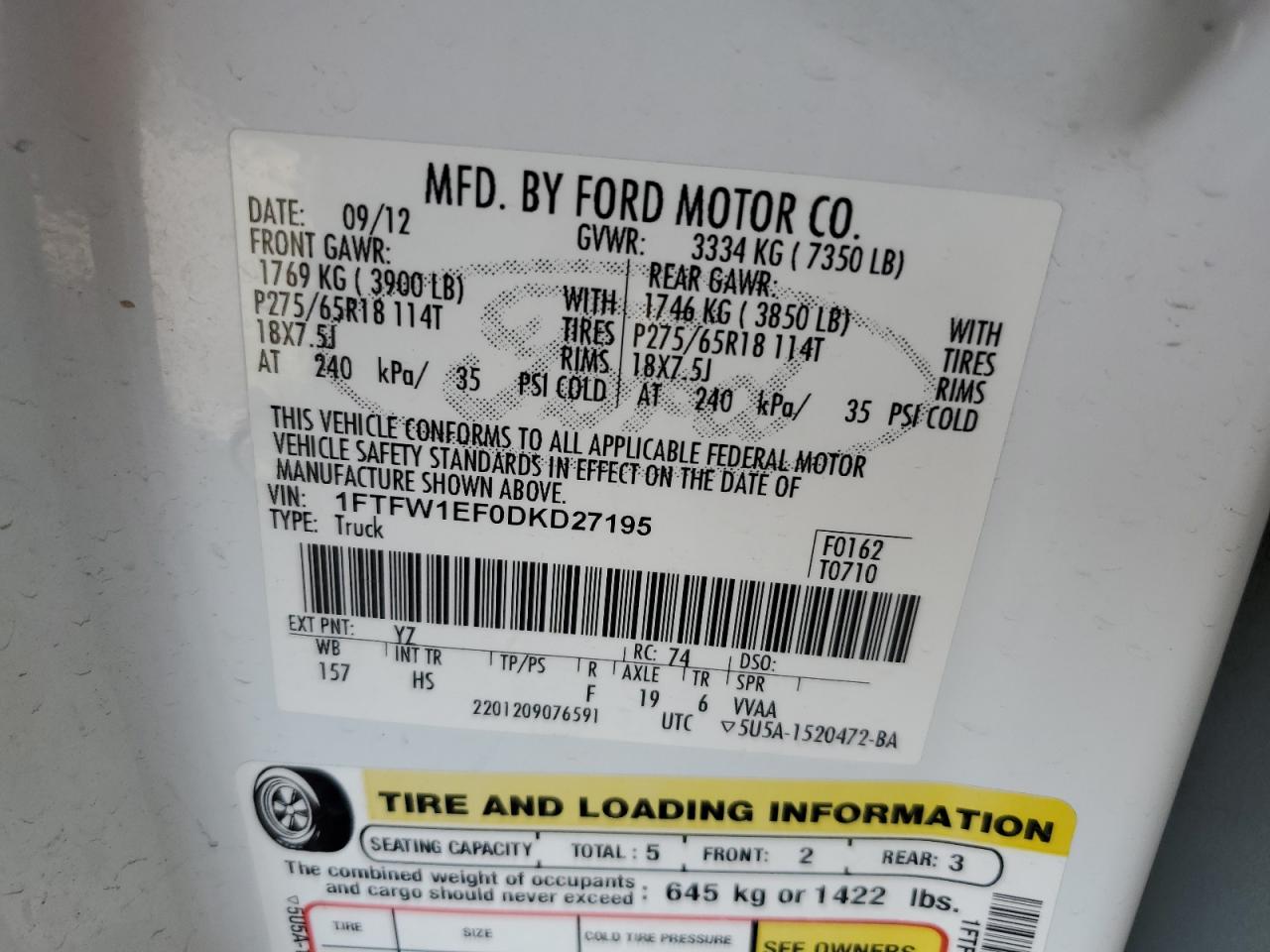 2013 Ford F150 Supercrew VIN: 1FTFW1EF0DKD27195 Lot: 69999805