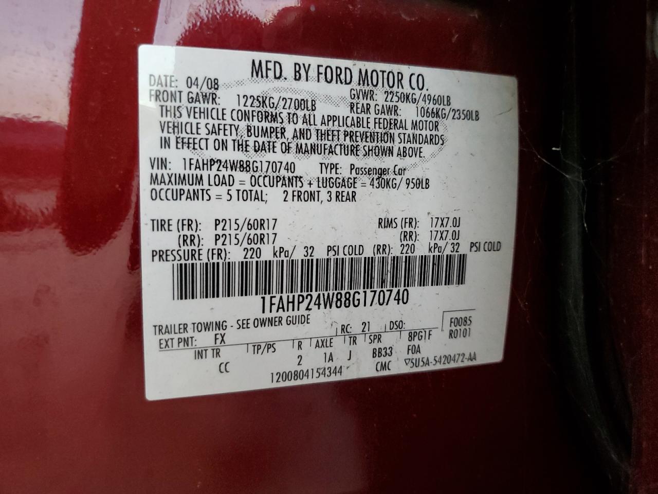 2008 Ford Taurus Sel VIN: 1FAHP24W88G170740 Lot: 82033445