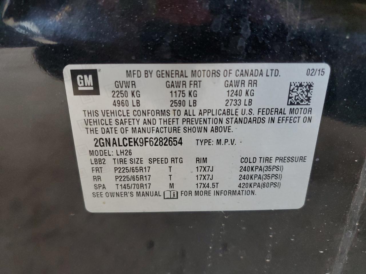 2015 Chevrolet Equinox Lt VIN: 2GNALCEK9F6282654 Lot: 81968615