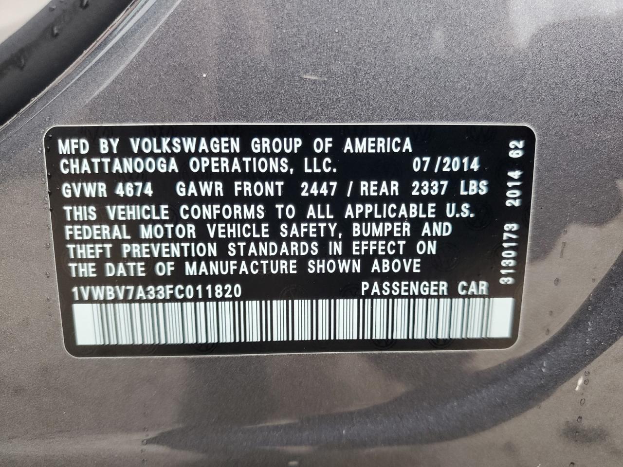 2015 Volkswagen Passat Se VIN: 1VWBV7A33FC011820 Lot: 84059005