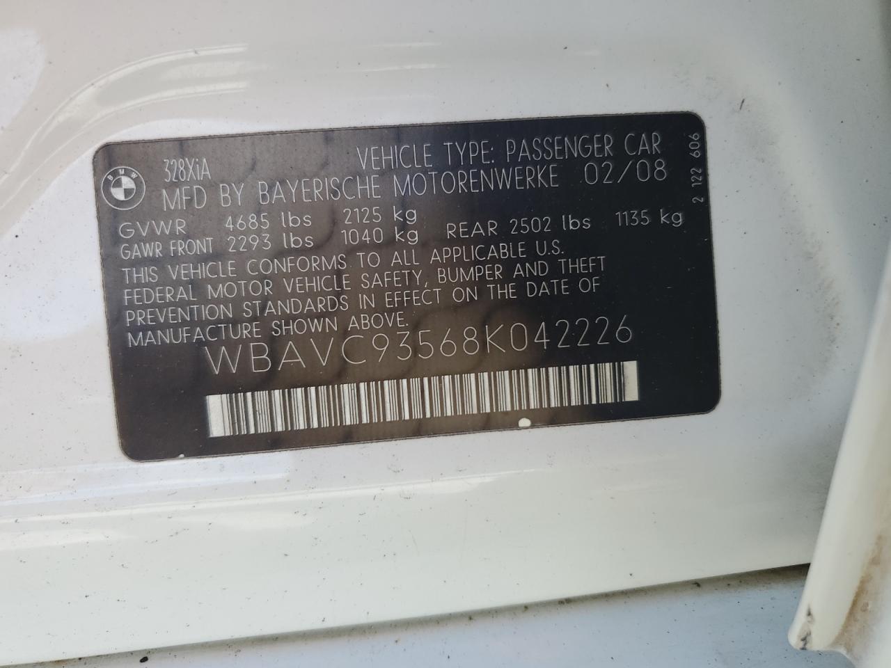 2008 BMW 328 Xi VIN: WBAVC93568K042226 Lot: 84566945