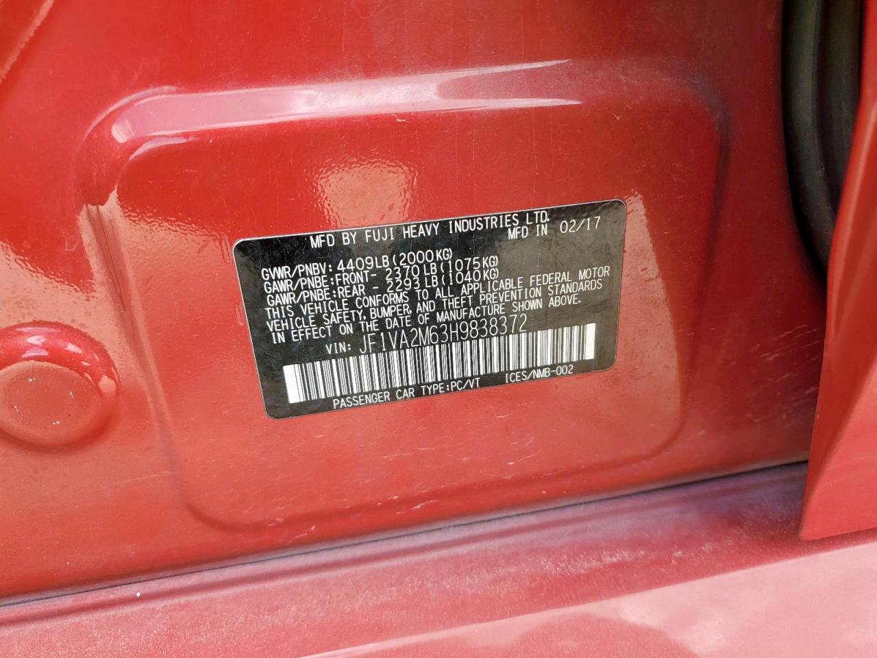 2017 Subaru Wrx Sti VIN: JF1VA2M63H9838372 Lot: 81057065