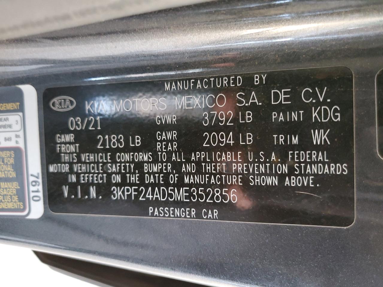 2021 Kia Forte Fe VIN: 3KPF24AD5ME352856 Lot: 80679035