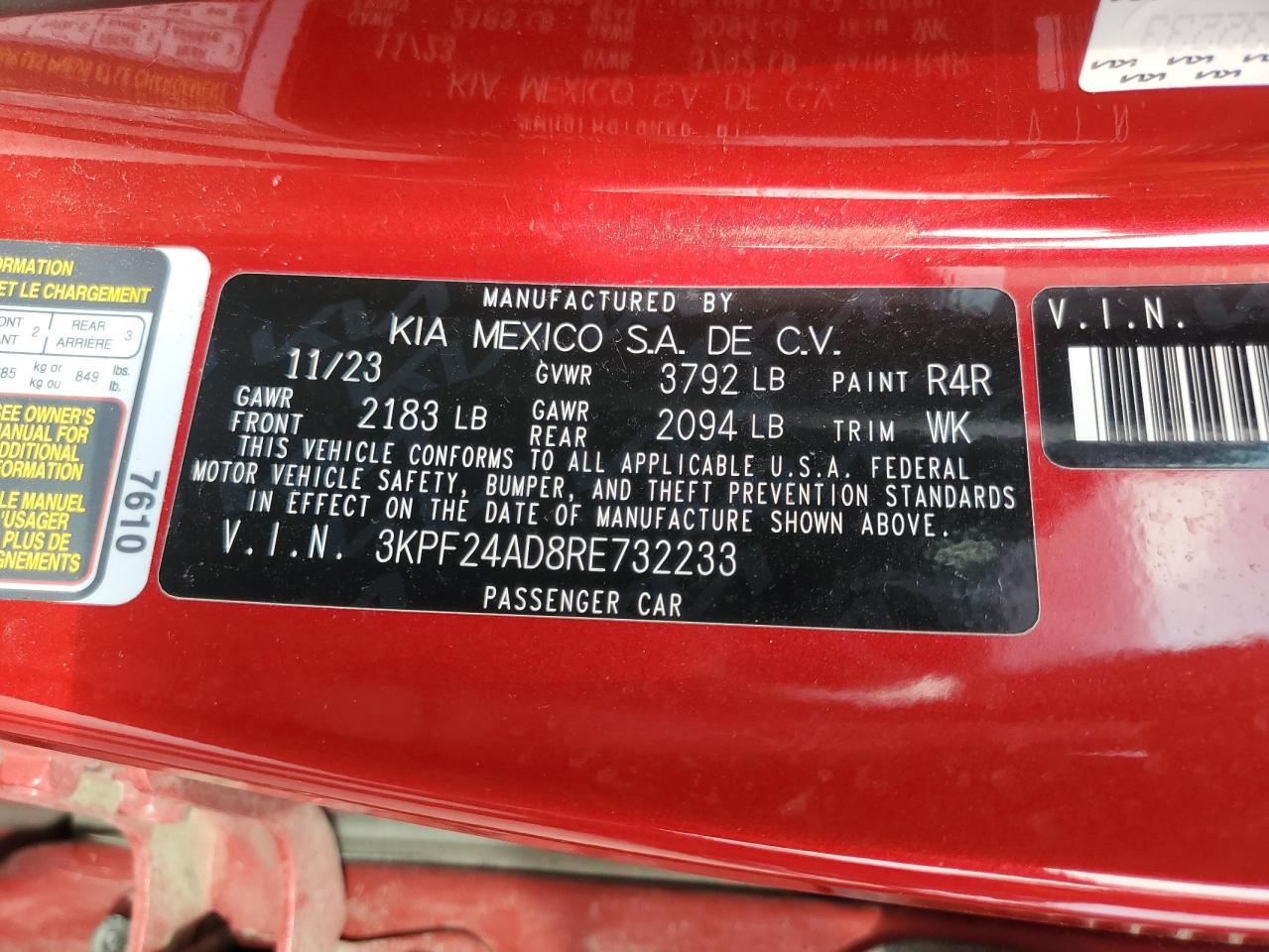 2024 Kia Forte Lx VIN: 3KPF24AD8RE732233 Lot: 82115705