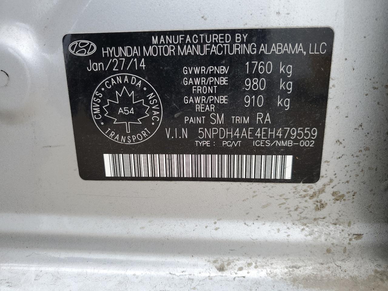 2014 Hyundai Elantra Se VIN: 5NPDH4AE4EH479559 Lot: 81489035