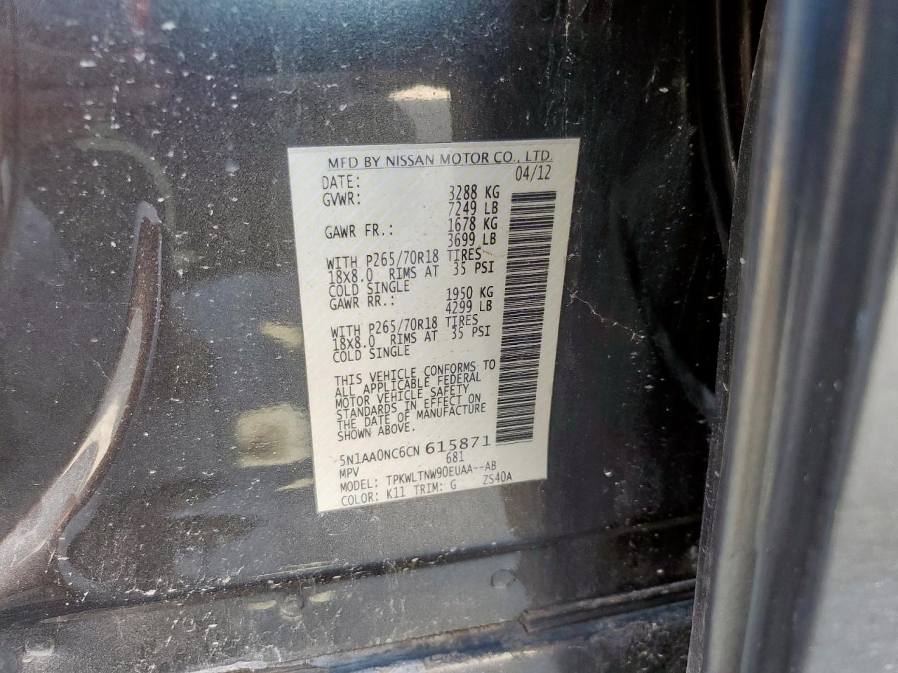 2012 Nissan Armada Sv VIN: 5N1AA0NC6CN615871 Lot: 83857085
