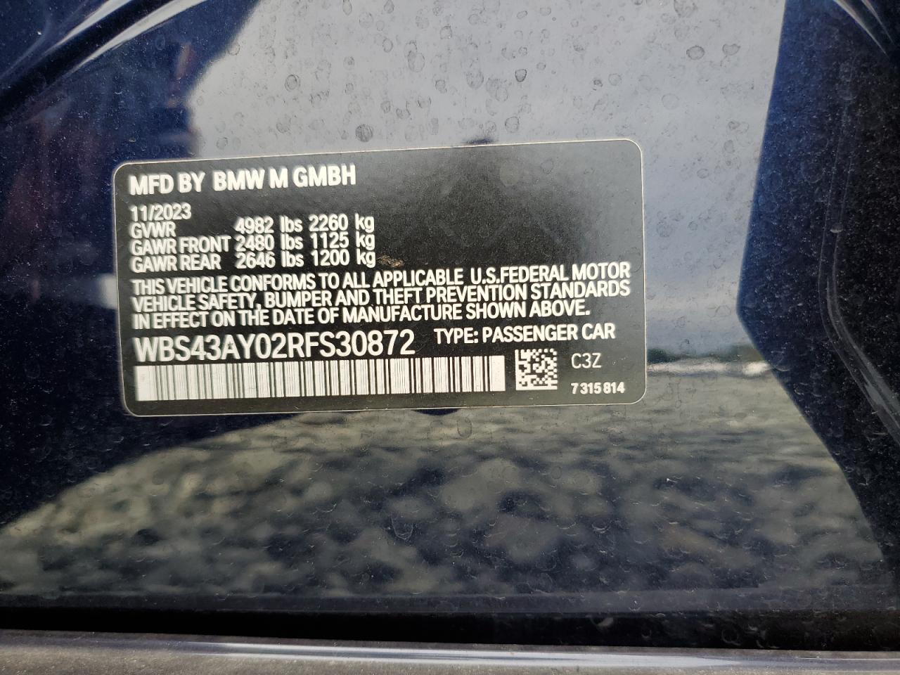 2024 BMW M3 Competition VIN: WBS43AY02RFS30872 Lot: 80522115