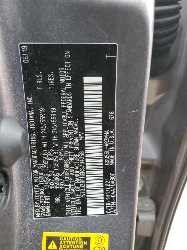 2019 Toyota Highlander Se VIN: 5TDJZRFH6KS704358 Lot: 68586015