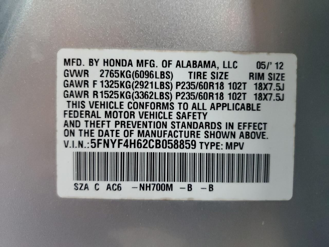 2012 Honda Pilot Exl VIN: 5FNYF4H62CB058859 Lot: 81627195