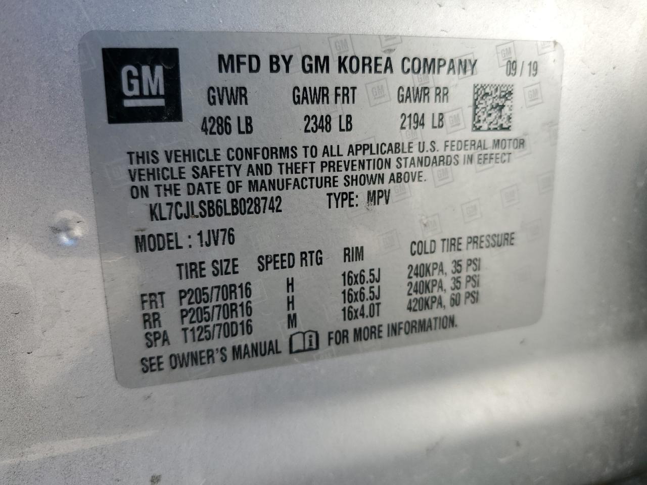 2020 Chevrolet Trax 1Lt VIN: KL7CJLSB6LB028742 Lot: 80914805