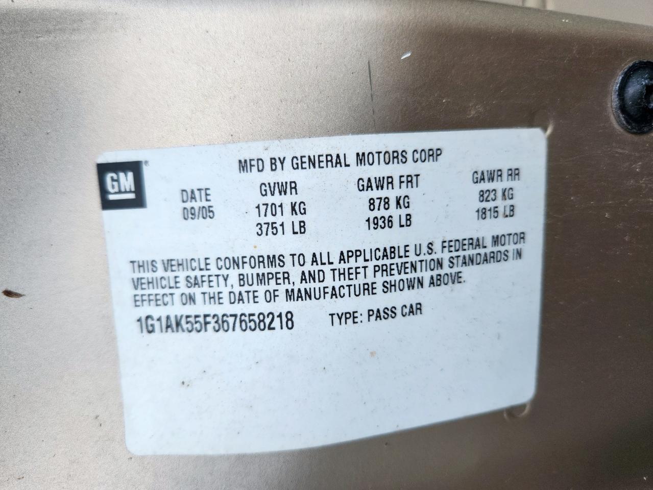 2006 Chevrolet Cobalt Ls VIN: 1G1AK55F367658218 Lot: 80389395