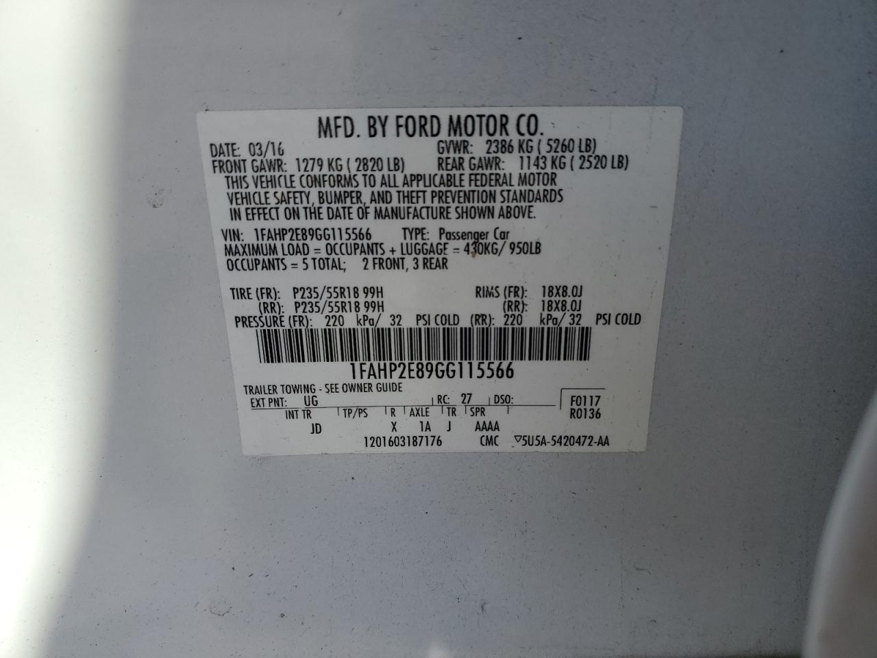 2016 Ford Taurus Sel VIN: 1FAHP2E89GG115566 Lot: 81006795