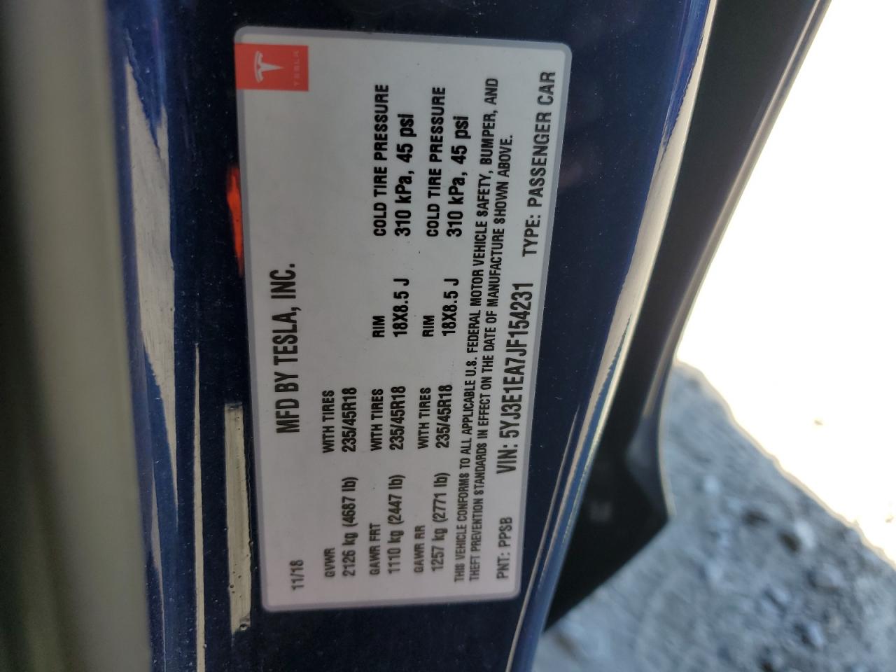 2018 Tesla Model 3 VIN: 5YJ3E1EA7JF154231 Lot: 70299595