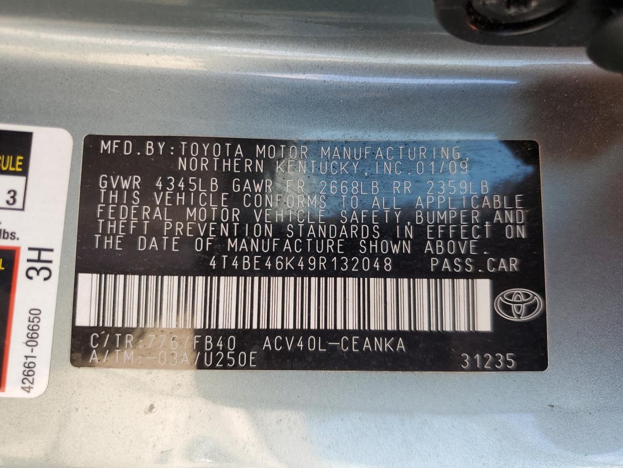 2009 Toyota Camry Base VIN: 4T4BE46K49R132048 Lot: 82101445