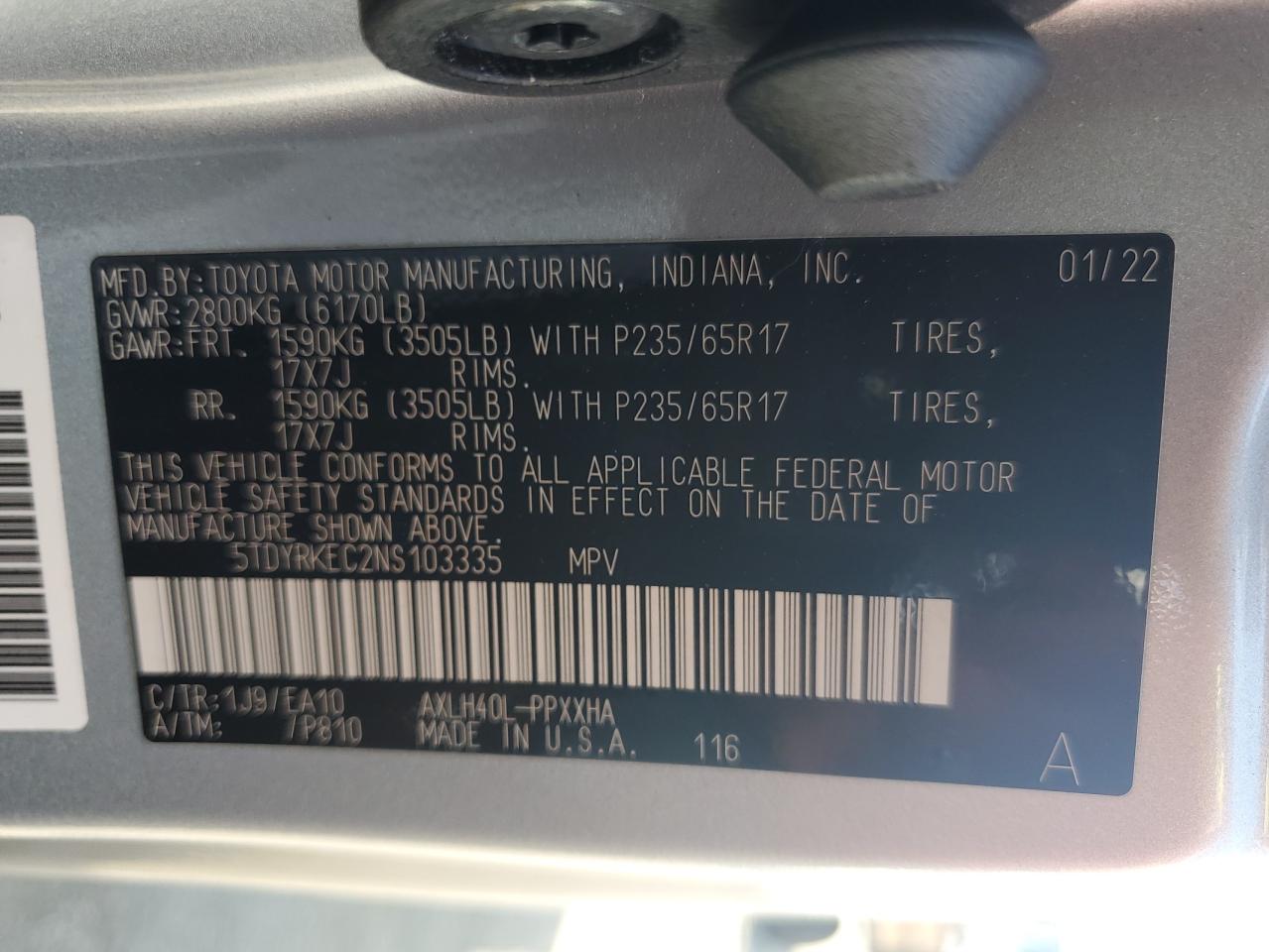 2022 Toyota Sienna Xle VIN: 5TDYRKEC2NS103335 Lot: 81646225