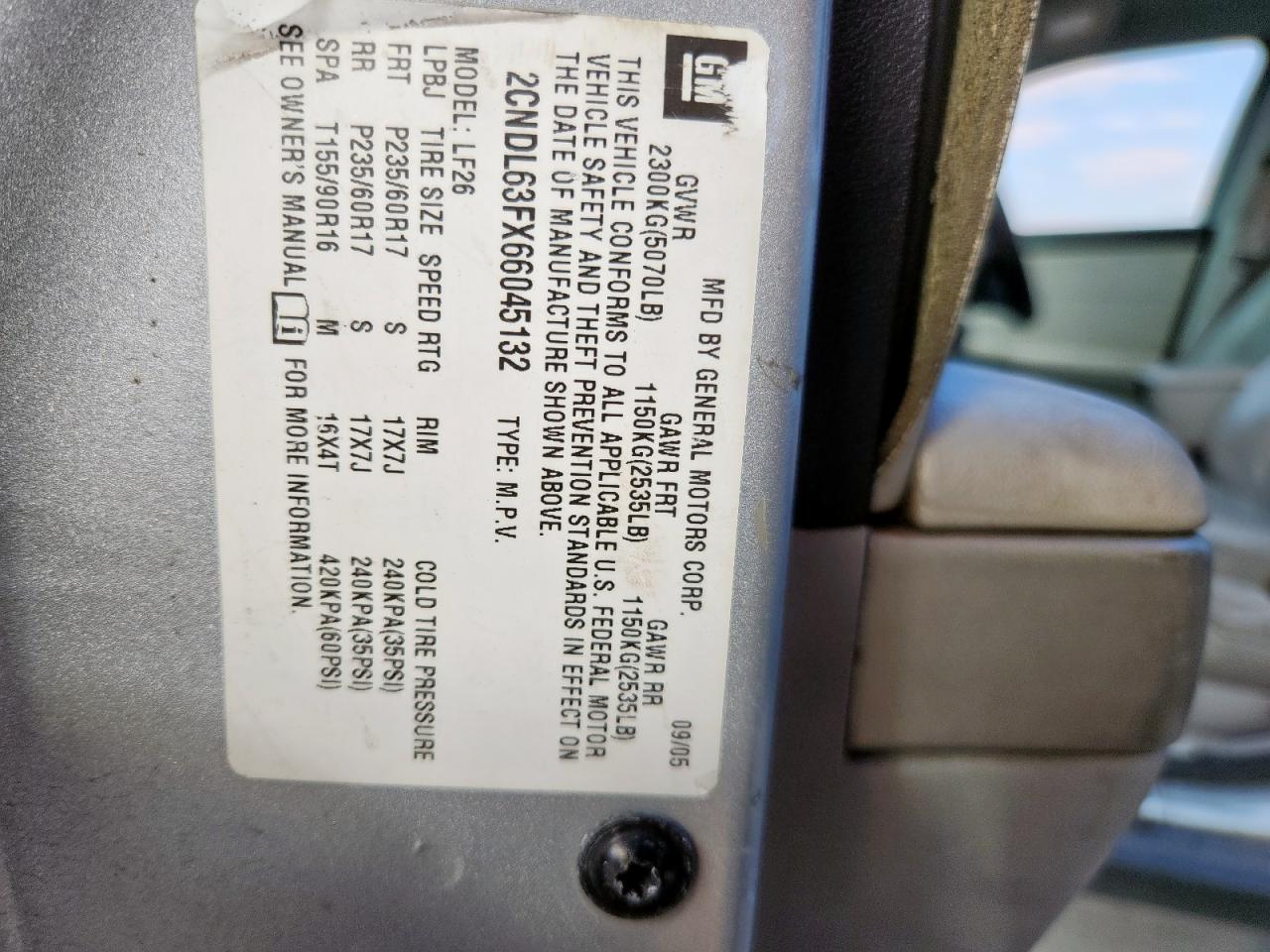 2006 Chevrolet Equinox Lt VIN: 2CNDL63FX66045132 Lot: 84374575