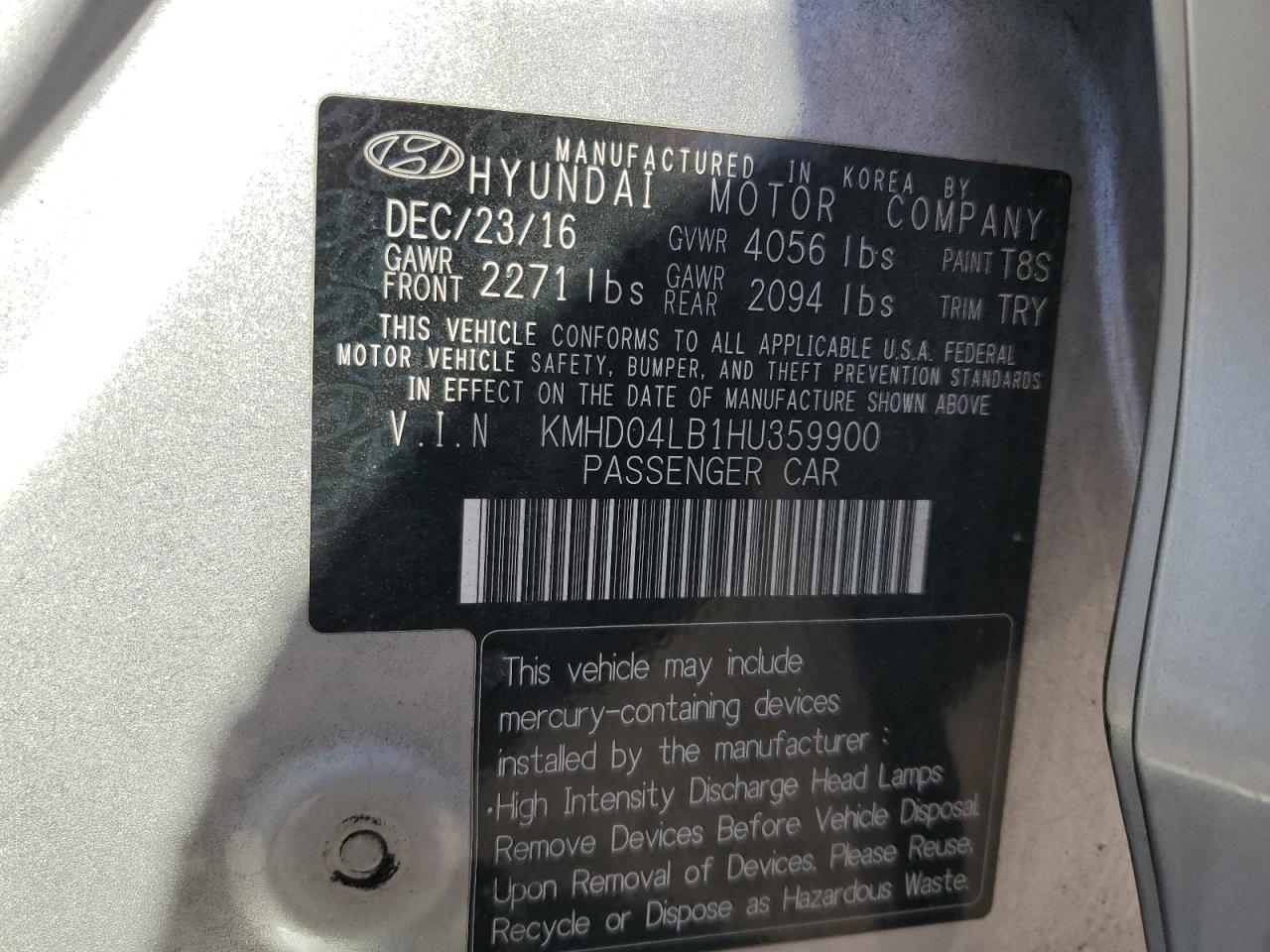 2017 Hyundai Elantra Sport VIN: KMHD04LB1HU359900 Lot: 80021435