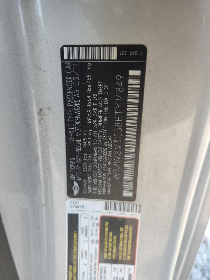 2011 Mini Cooper S VIN: WMWSV3C58BTY14849 Lot: 80197645