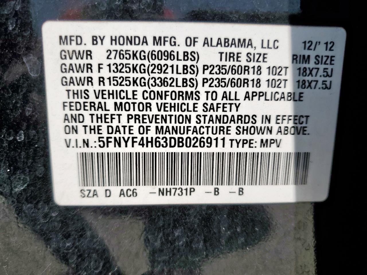 2013 Honda Pilot Exl VIN: 5FNYF4H63DB026911 Lot: 71475045