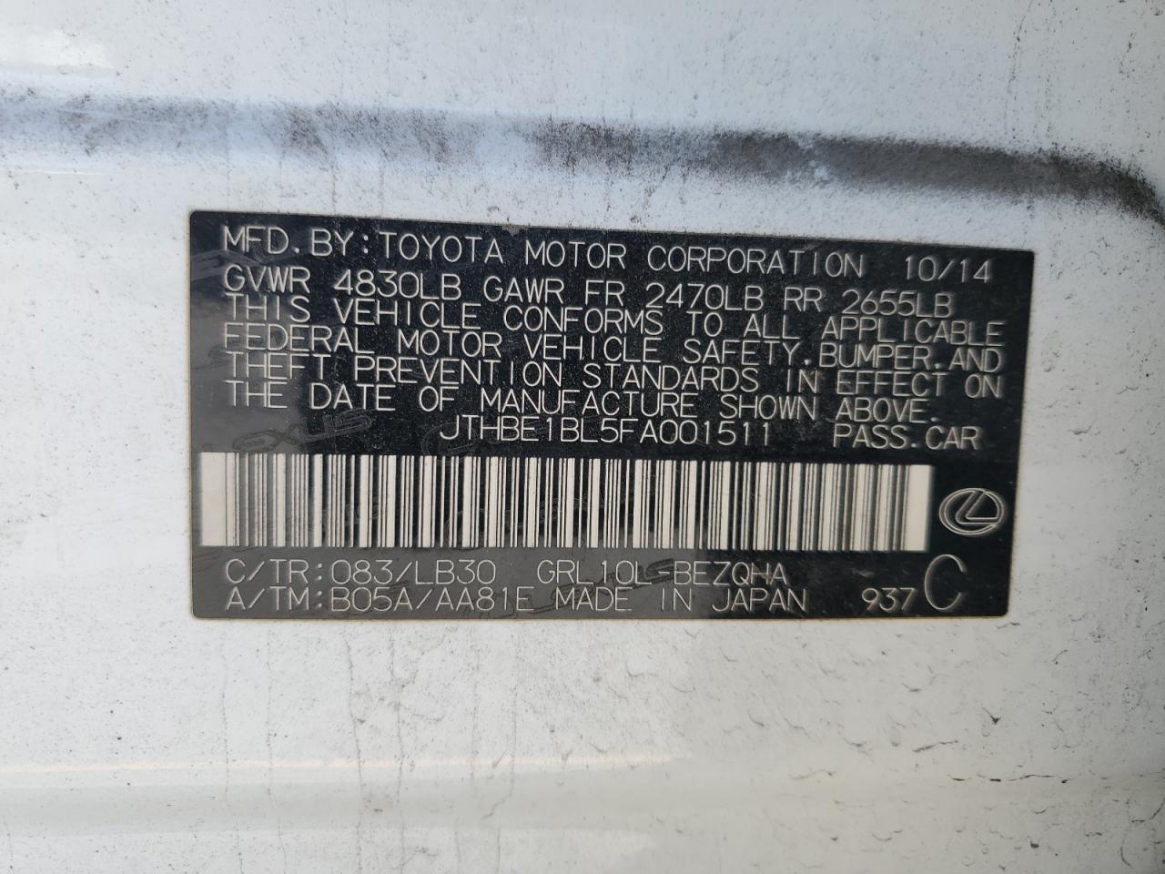 2015 Lexus Gs 350 VIN: JTHBE1BL5FA001511 Lot: 80292605
