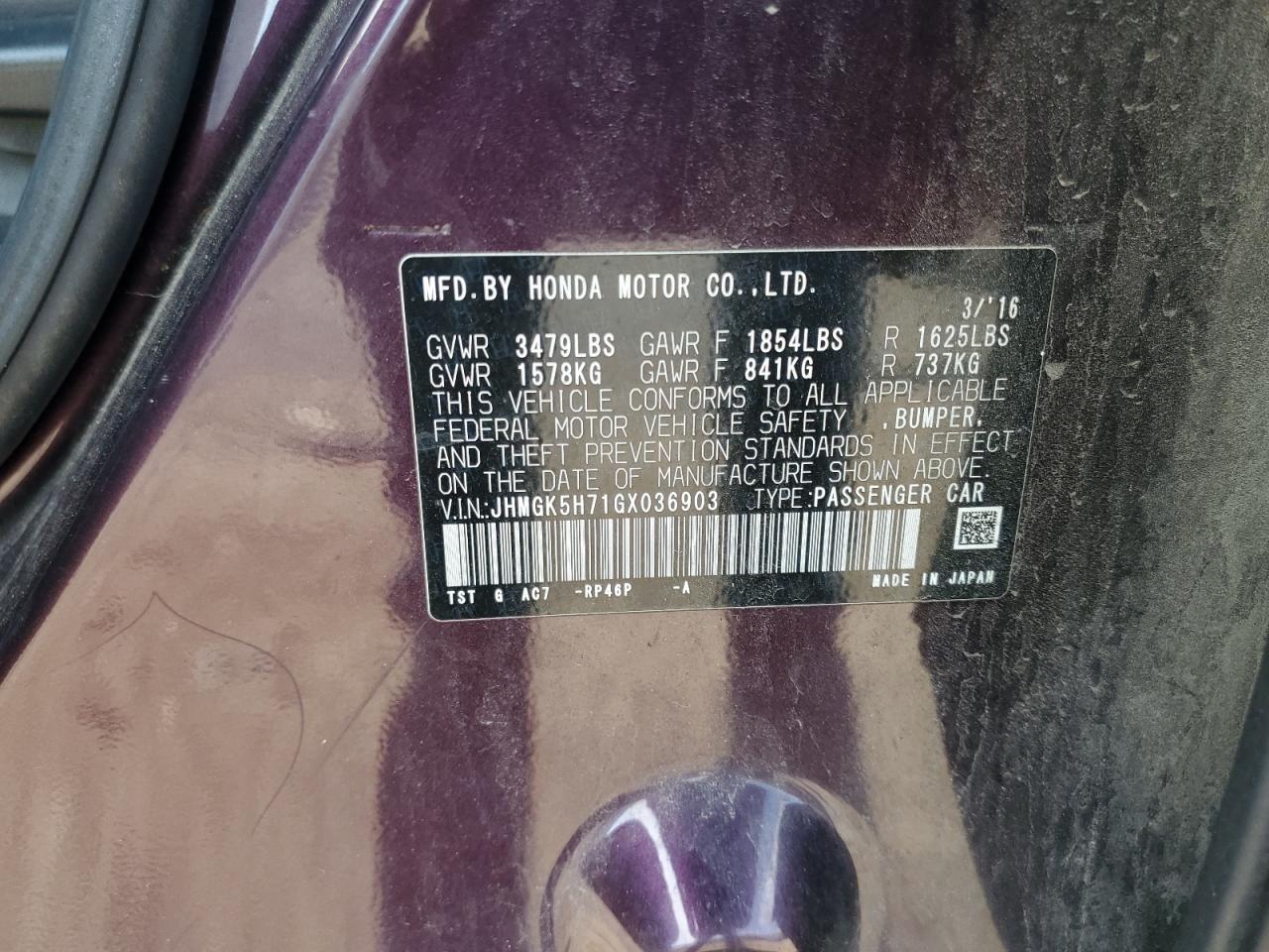 2016 Honda Fit Ex VIN: JHMGK5H71GX036903 Lot: 72075065