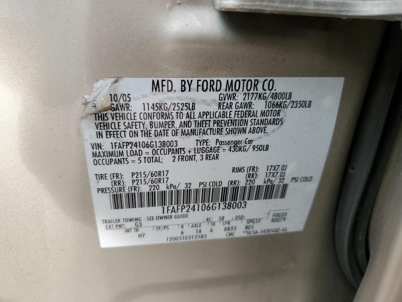 2006 Ford Five Hundred Sel VIN: 1FAFP24106G138003 Lot: 84402315