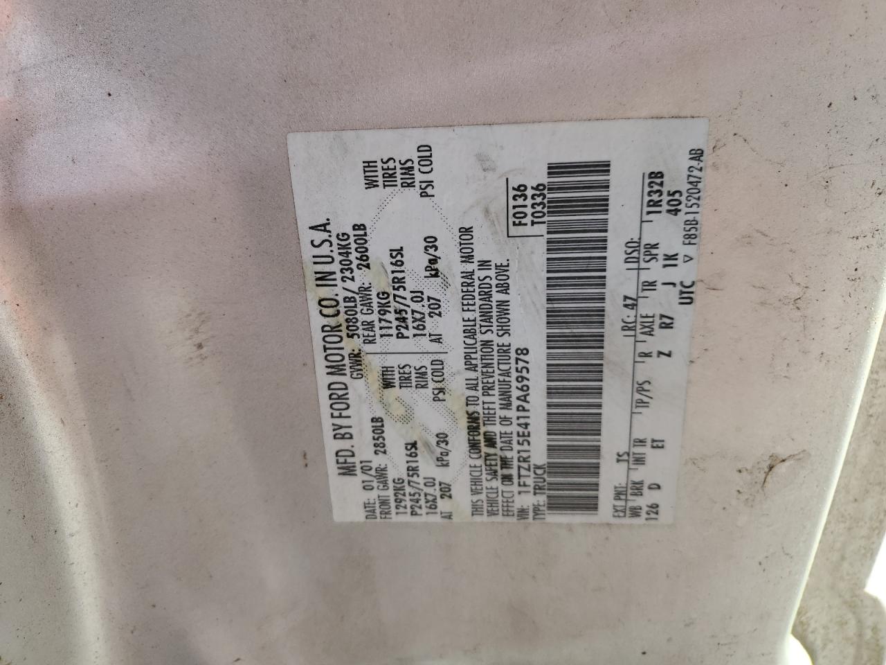 2001 Ford Ranger Super Cab VIN: 1FTZR15E41PA69578 Lot: 71144695