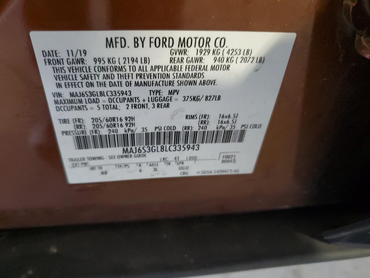 2020 Ford Ecosport Se VIN: MAJ6S3GL8LC335943 Lot: 81900185