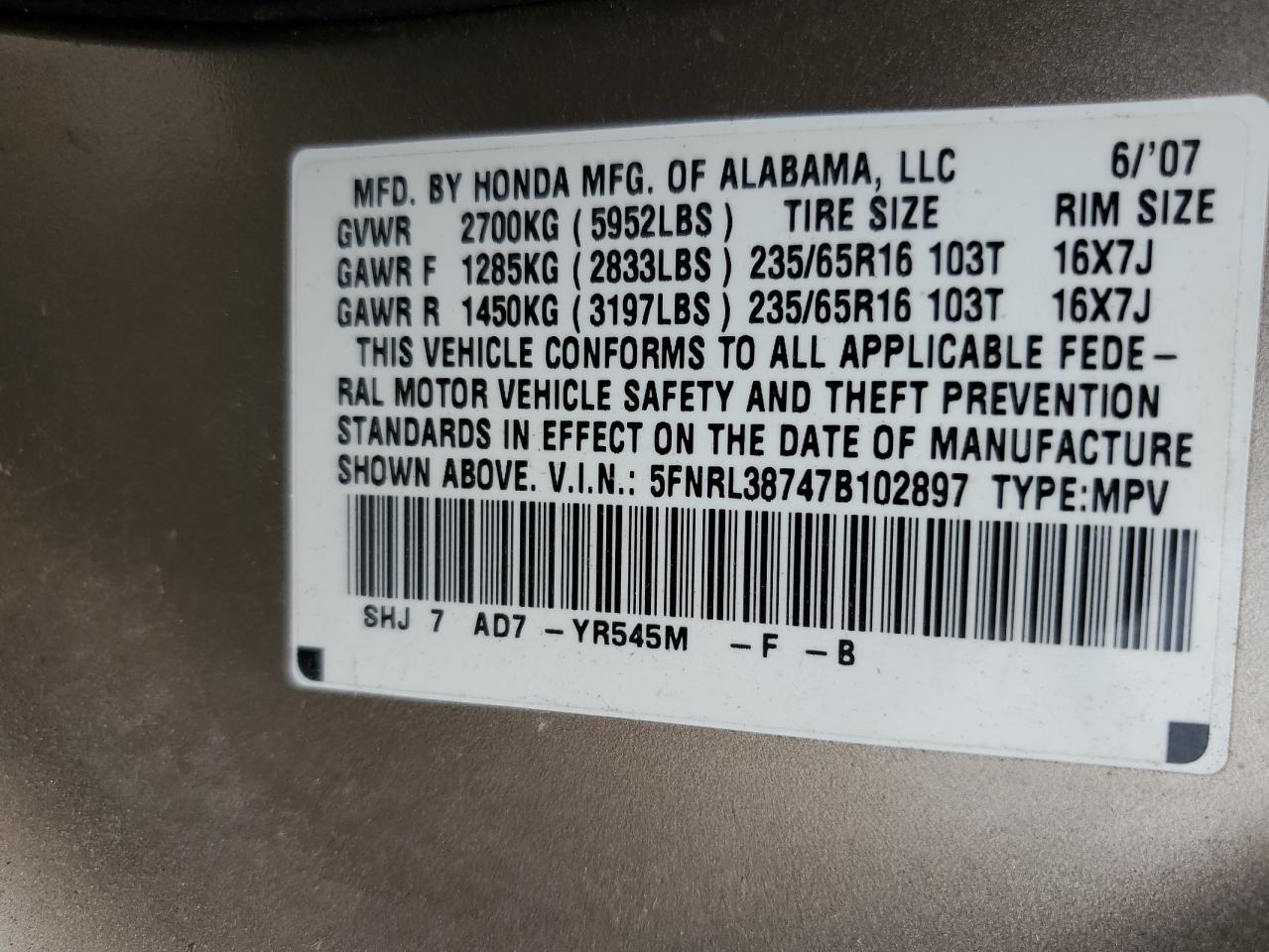 2007 Honda Odyssey Exl VIN: 5FNRL38747B102897 Lot: 71688555
