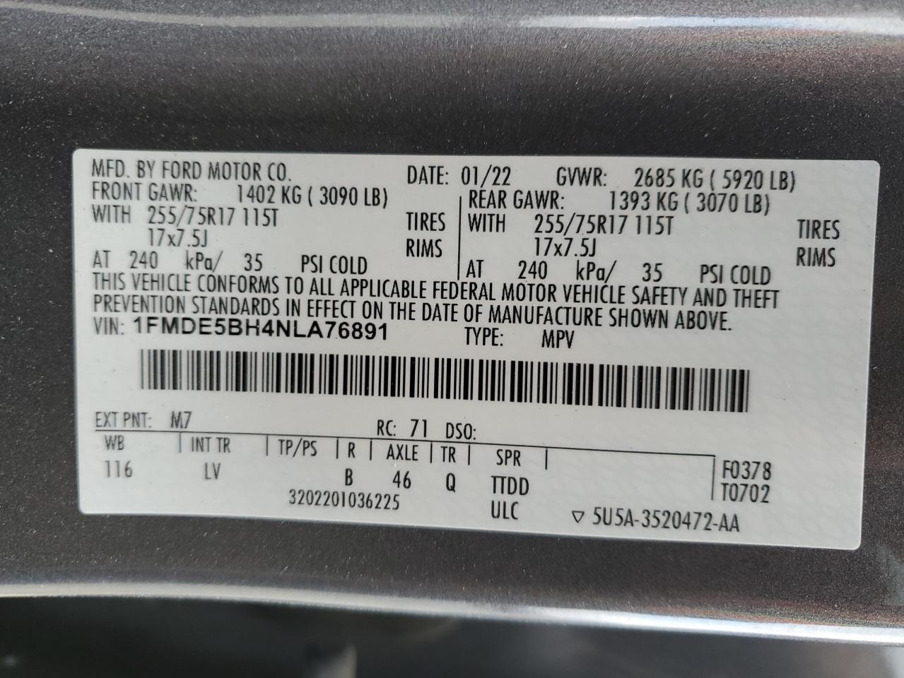 2022 Ford Bronco Base VIN: 1FMDE5BH4NLA76891 Lot: 80335625