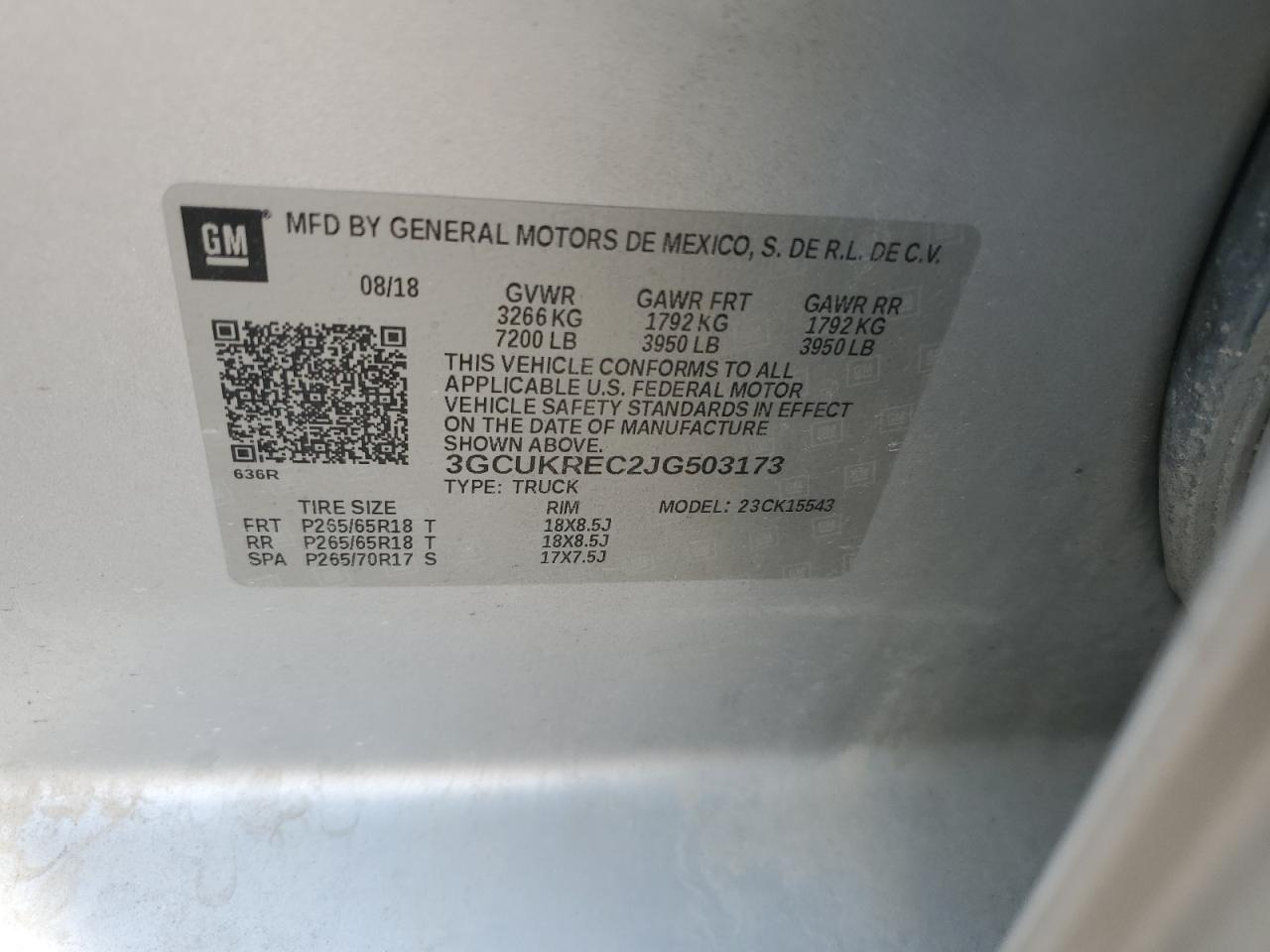 2018 Chevrolet Silverado K1500 Lt VIN: 3GCUKREC2JG503173 Lot: 80928005