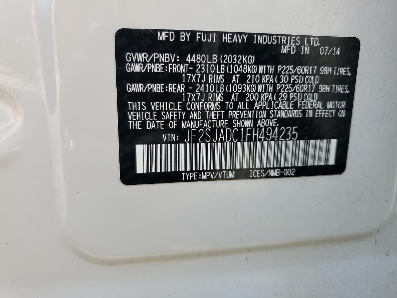 2015 Subaru Forester 2.5I Premium VIN: JF2SJADC1FH494235 Lot: 71421725