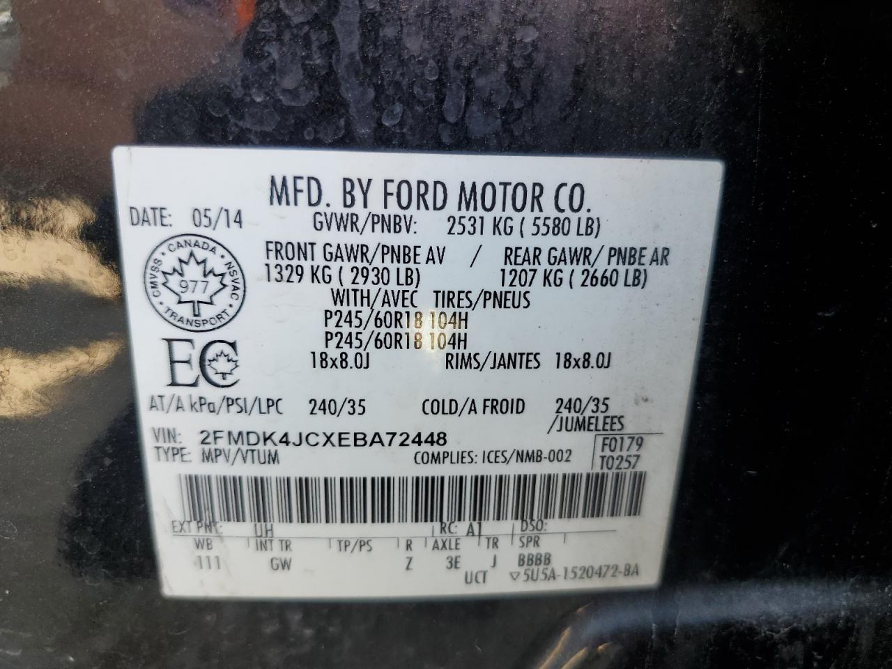 2014 Ford Edge Sel VIN: 2FMDK4JCXEBA72448 Lot: 80752845