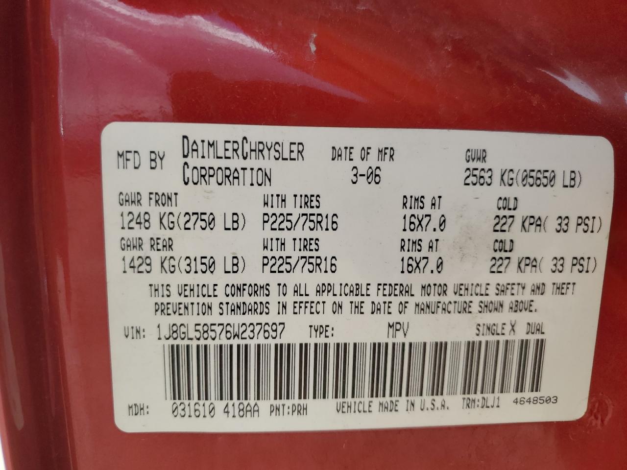 2006 Jeep Liberty Limited VIN: 1J8GL58576W237697 Lot: 71548315