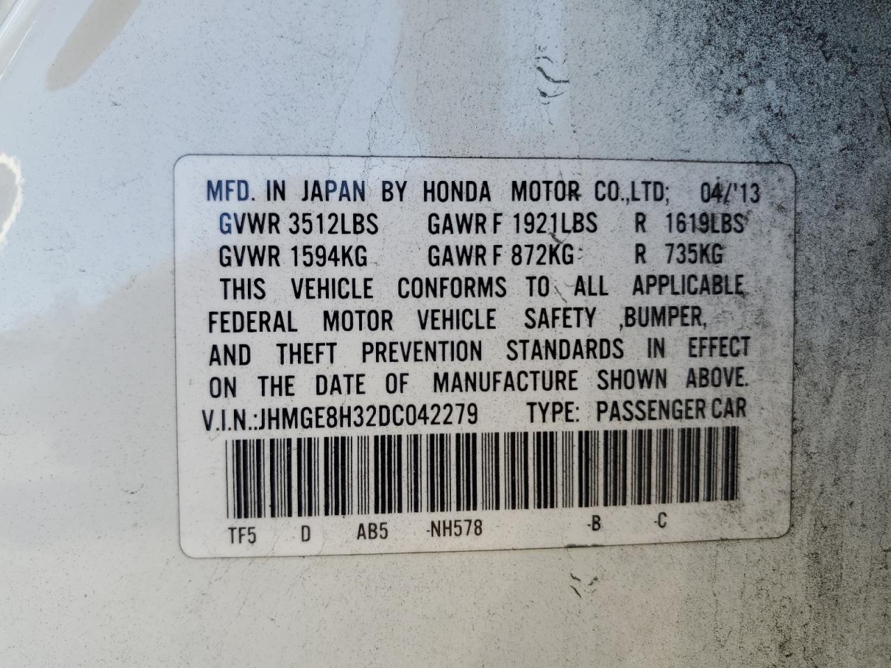 2013 Honda Fit VIN: JHMGE8H32DC042279 Lot: 81759335