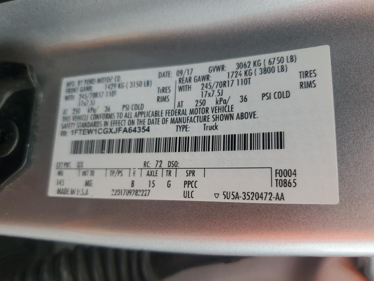 2018 Ford F150 Supercrew VIN: 1FTEW1CGXJFA64354 Lot: 83959965