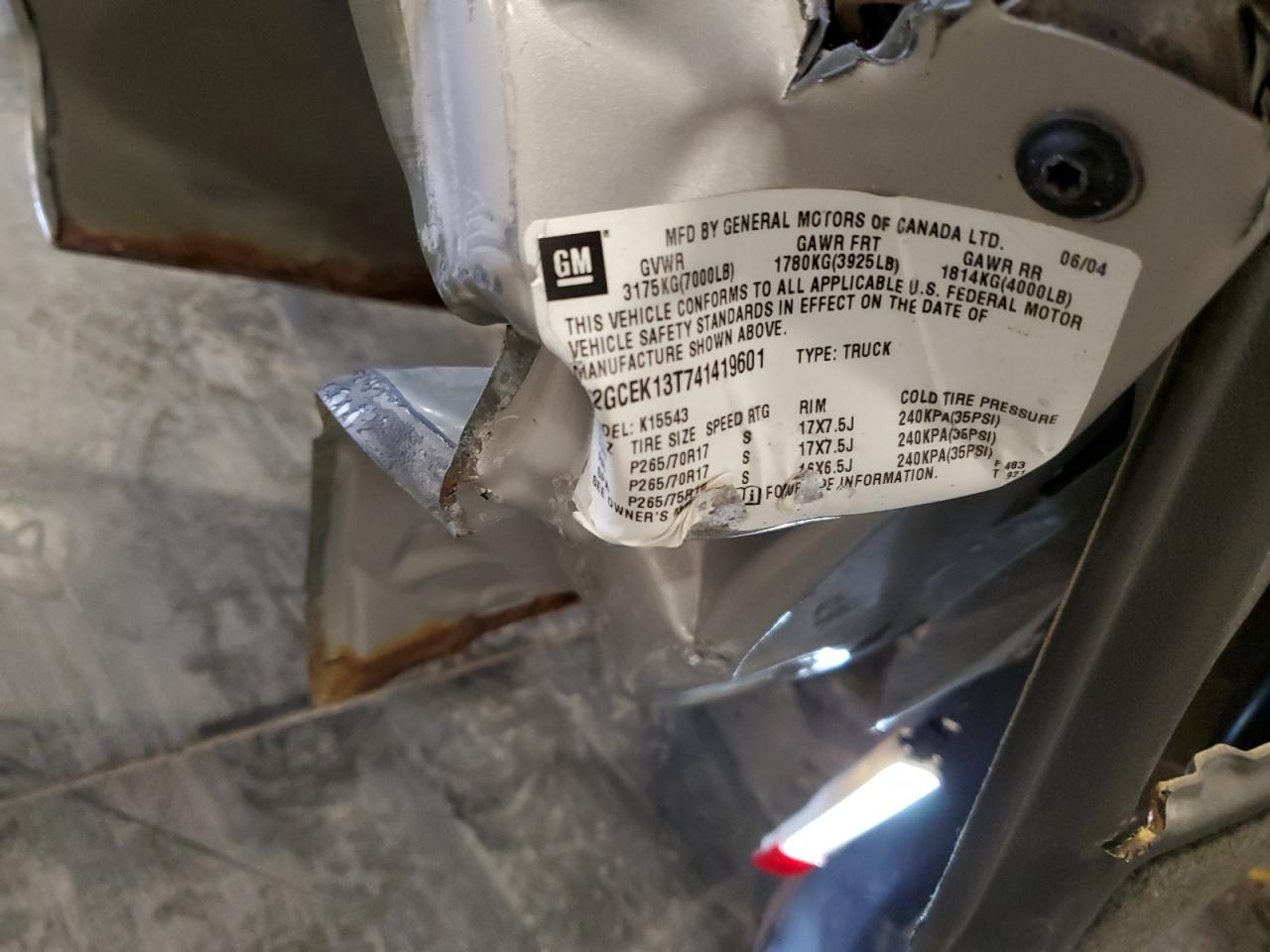 2004 Chevrolet Silverado K1500 VIN: 2GCEK13T741419601 Lot: 80187295