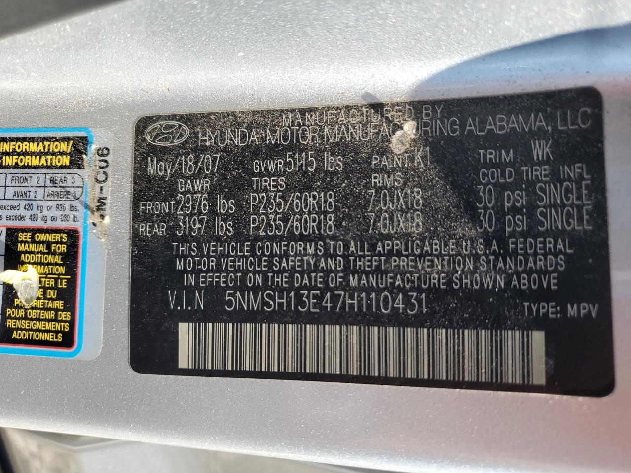 2007 Hyundai Santa Fe Se VIN: 5NMSH13E47H110431 Lot: 84169705