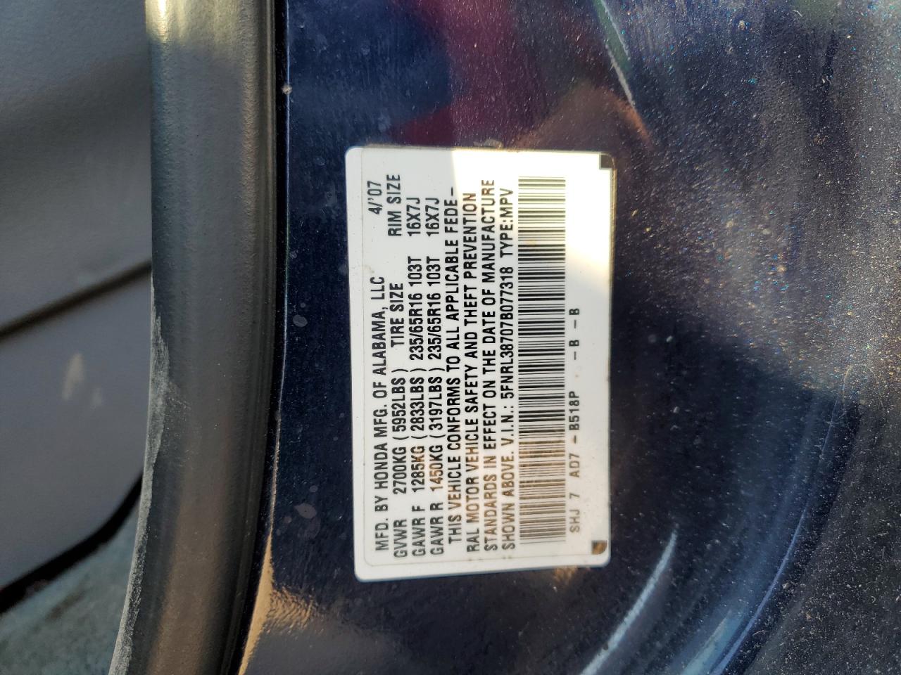 2007 Honda Odyssey Exl VIN: 5FNRL38707B077318 Lot: 71250165