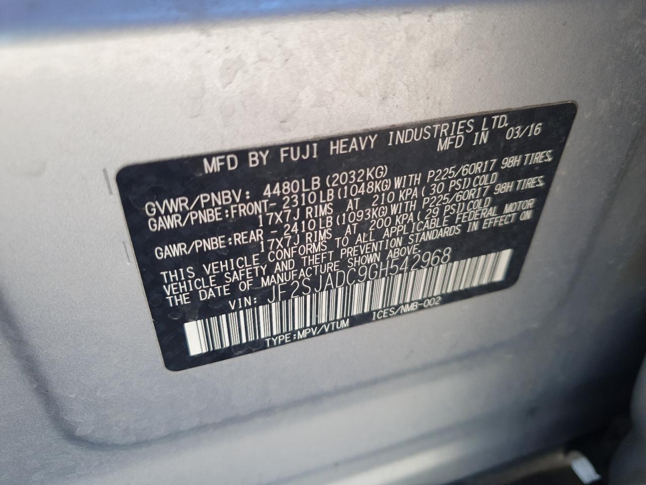 2016 Subaru Forester 2.5I Premium VIN: JF2SJADC9GH542968 Lot: 83964085