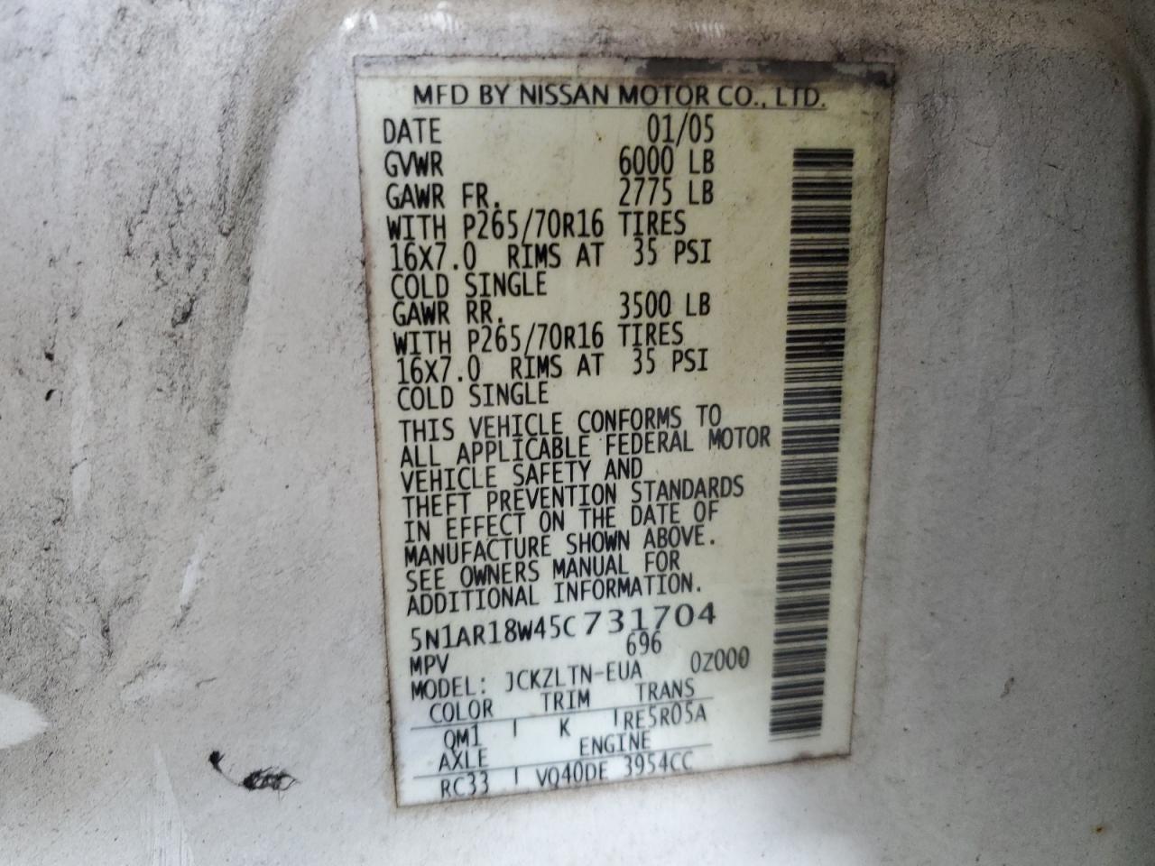 2005 Nissan Pathfinder Le VIN: 5N1AR18W45C731704 Lot: 84627395