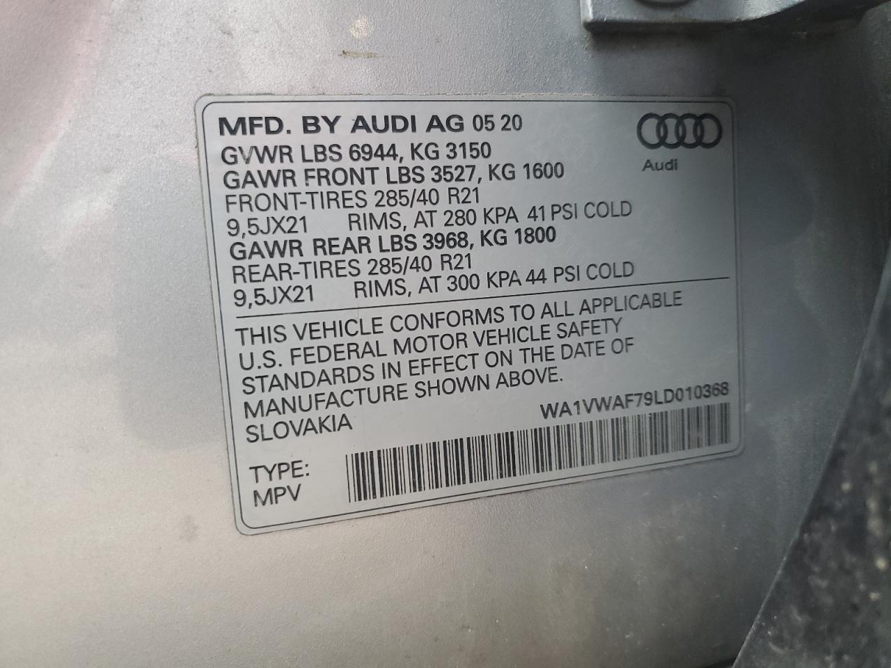 2020 Audi Sq7 Prestige VIN: WA1VWAF79LD010368 Lot: 81105535