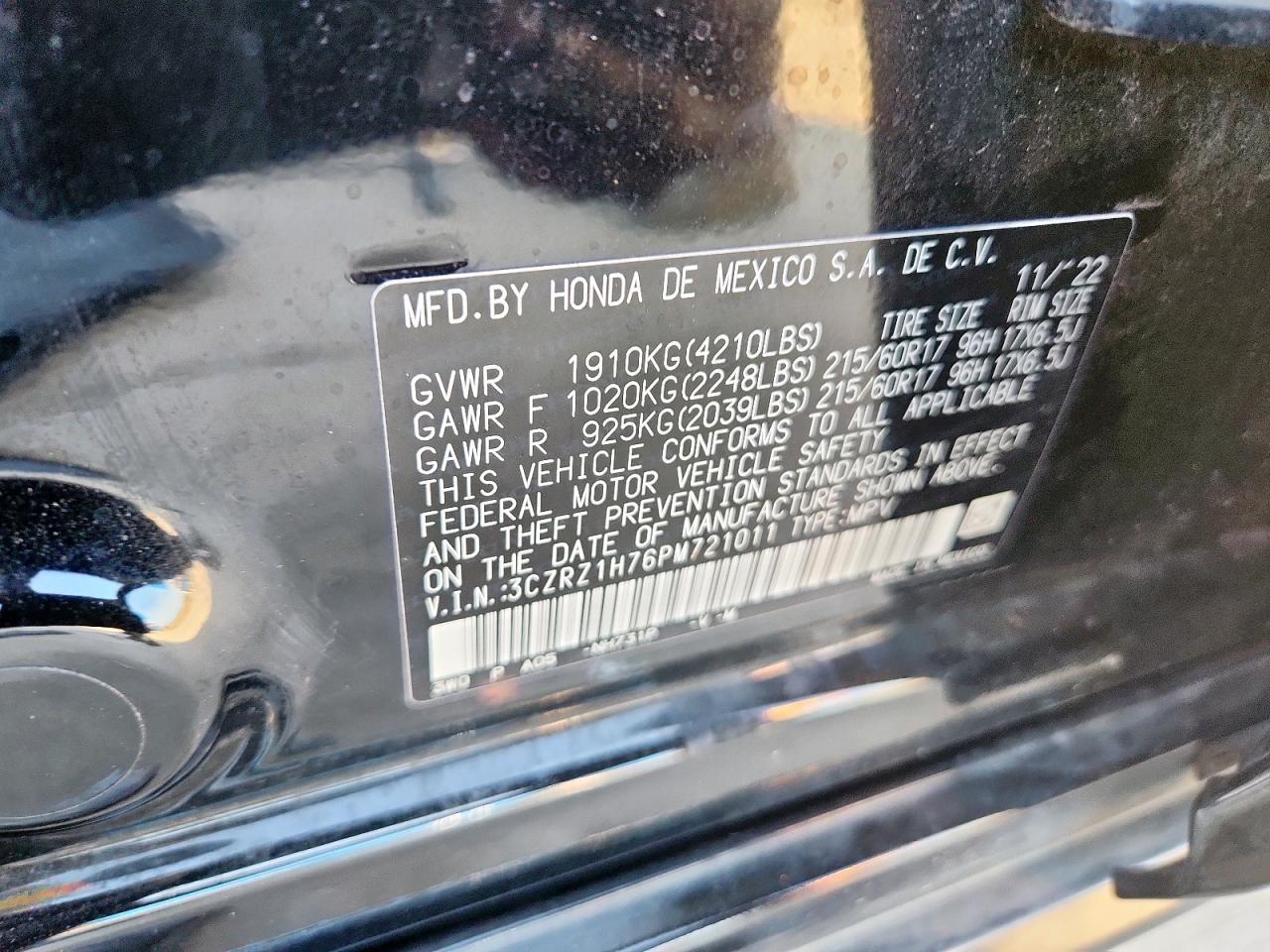 2023 Honda Hr-V Exl VIN: 3CZRZ1H76PM721011 Lot: 81623145