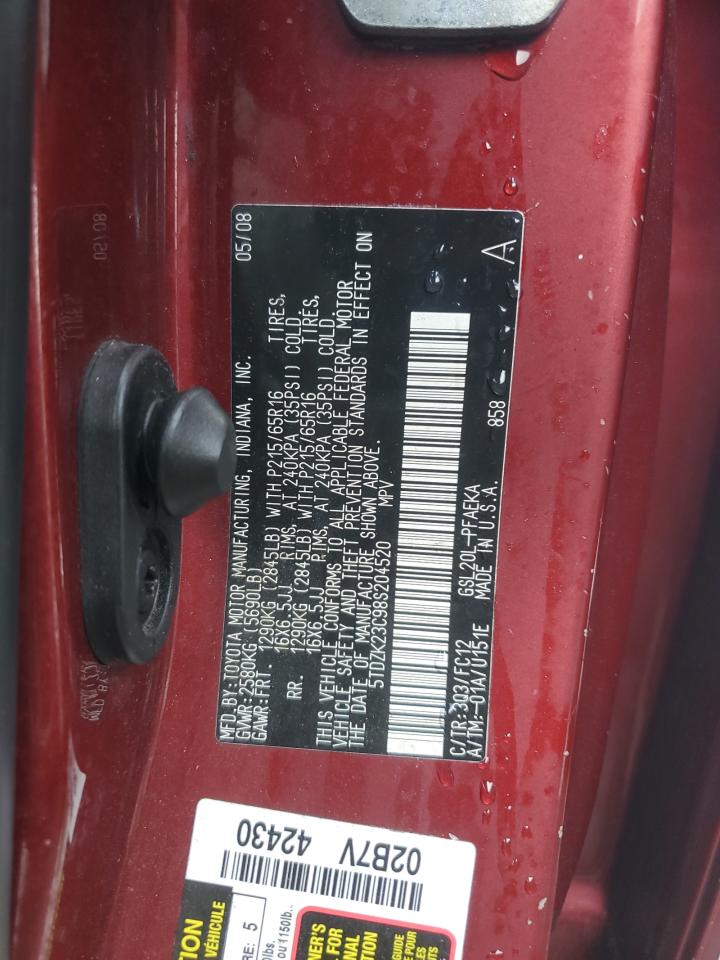 2008 Toyota Sienna Ce VIN: 5TDZK23C98S204520 Lot: 94631675